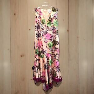 NEW Badgley Mischka Dress Women's 10 Cream Pink Green Trumpet ruffle